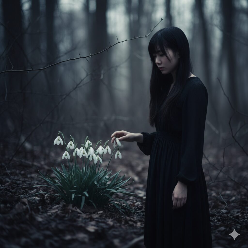 スノードロップの持つ「怖い花言葉」の真相を示す、影のある神秘的な花