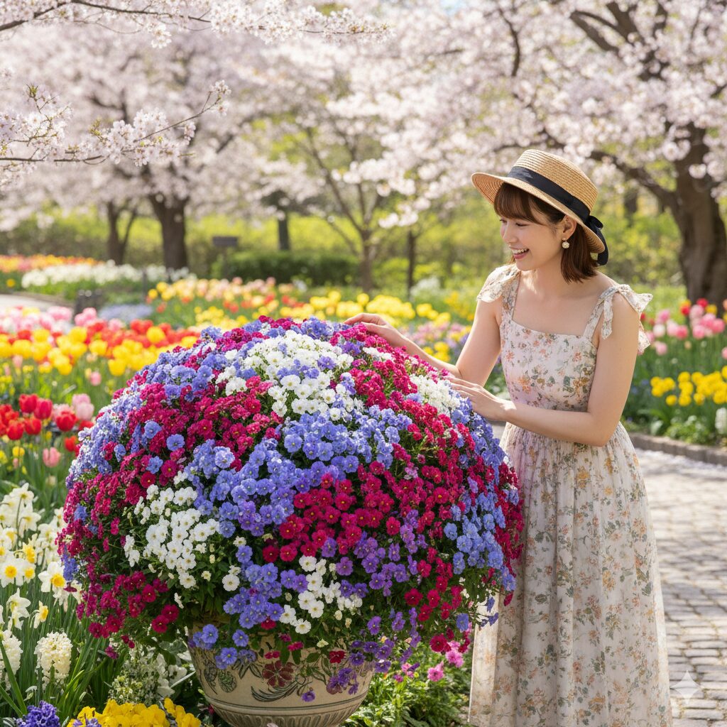 春に満開に咲き誇るセネッティのドーム状の鉢植え