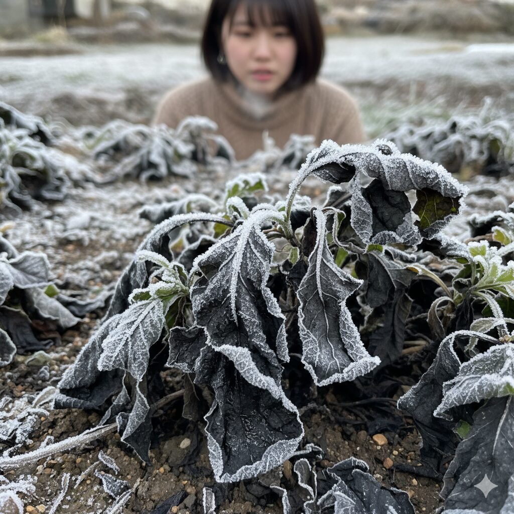 霜で凍結し、黒く変色したセネッティの葉のアップ