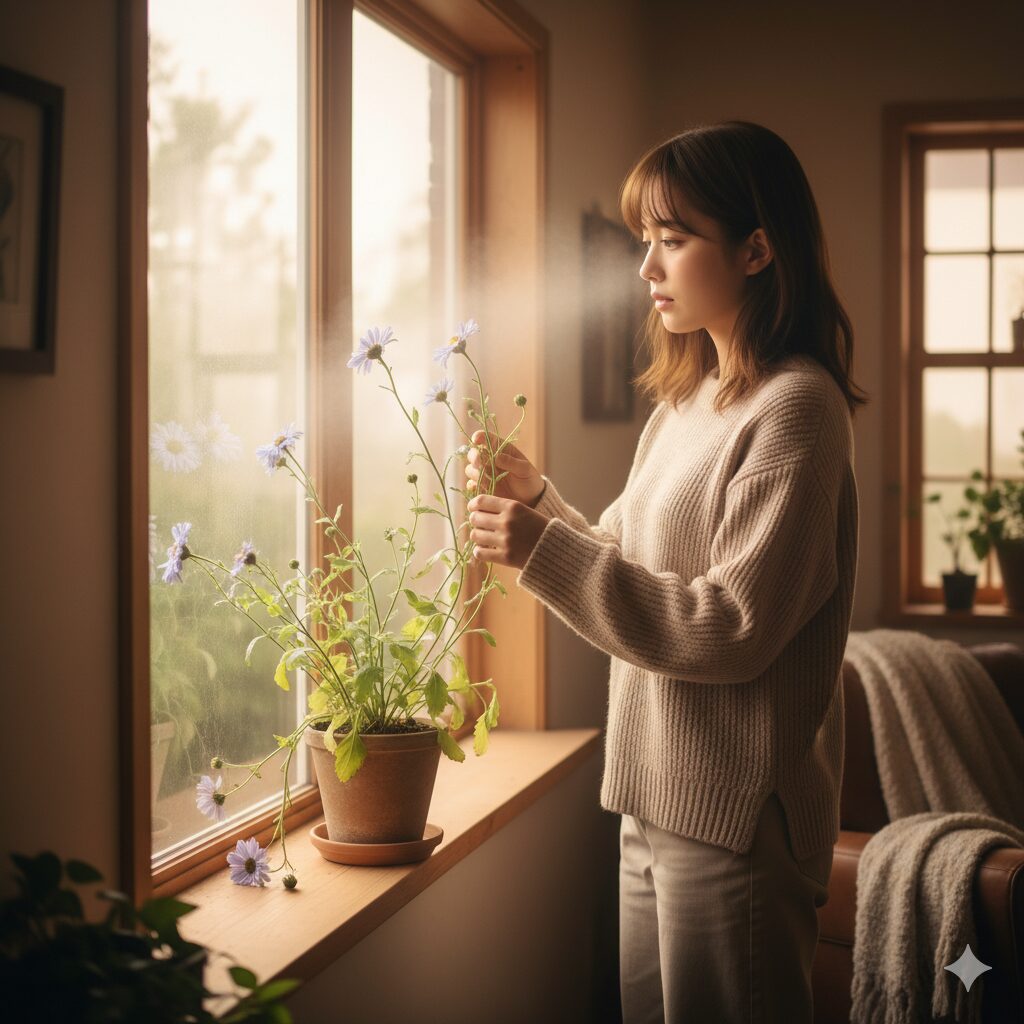 暖房の効いた室内で徒長してしまったセネッティの様子