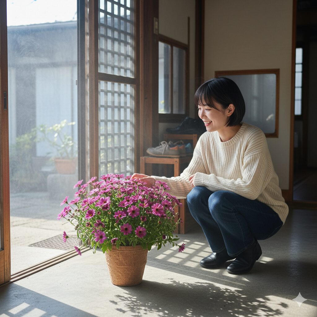 玄関の土間で適切に冬越し管理されているセネッティ
