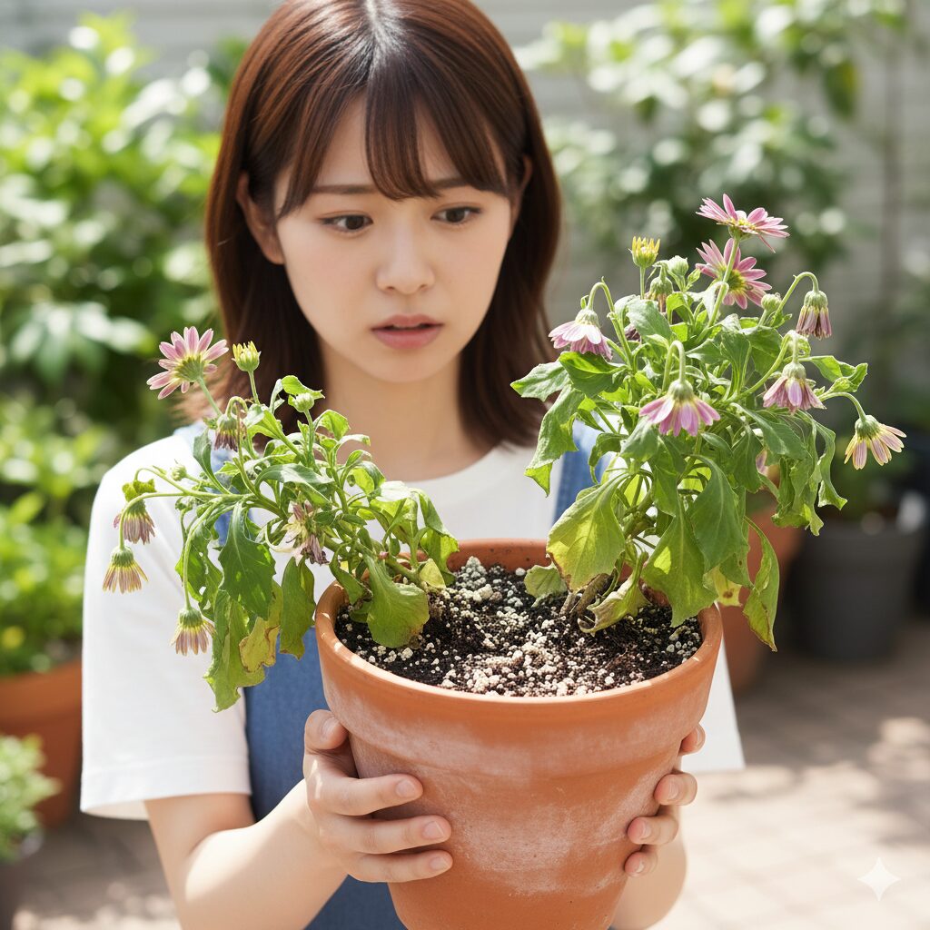 水切れで葉がしおれたセネッティの鉢植え