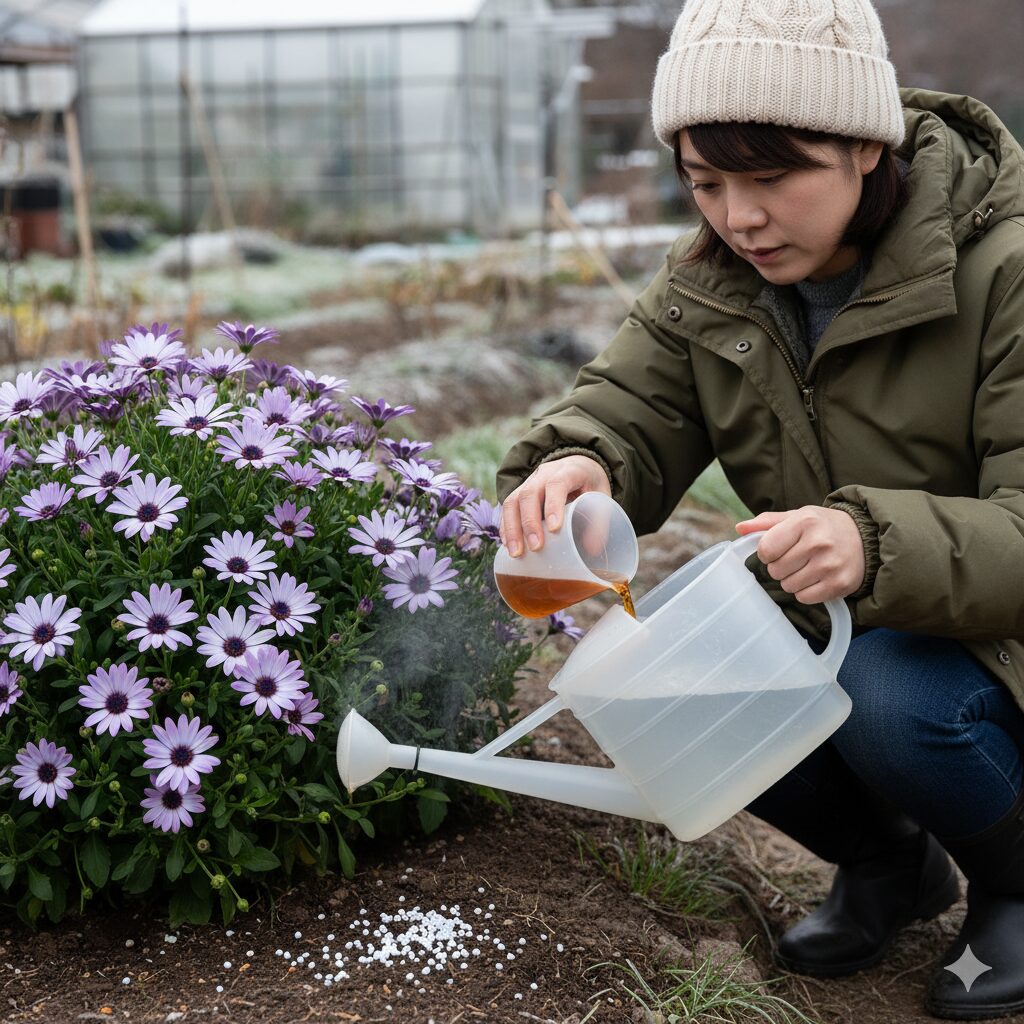 セネッティへの固形肥料と液体肥料の施肥風景