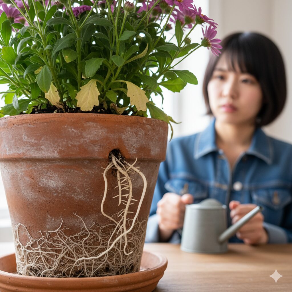 根詰まりで鉢底から根が出ているセネッティと黄変した下葉