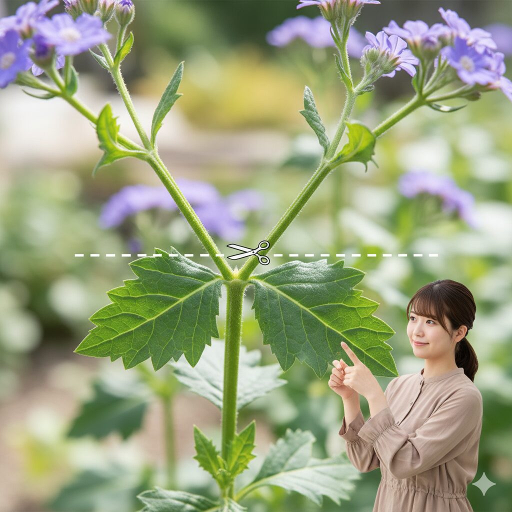 セネッティ 地植え花数を増やすための正しい切り戻し位置（Yの字の上）と葉を残すポイントの図解