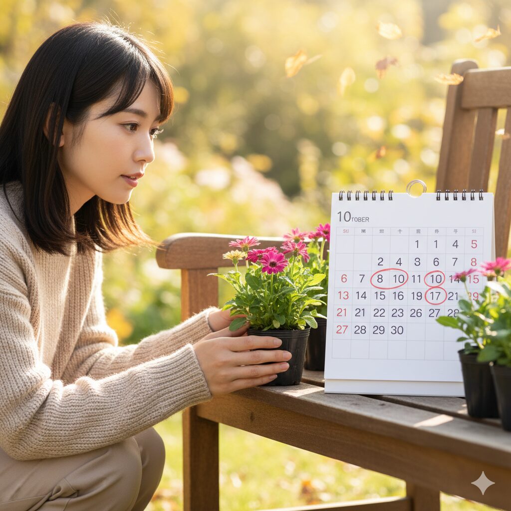 セネッティの地植え適期である10月中旬を示すカレンダーと苗
