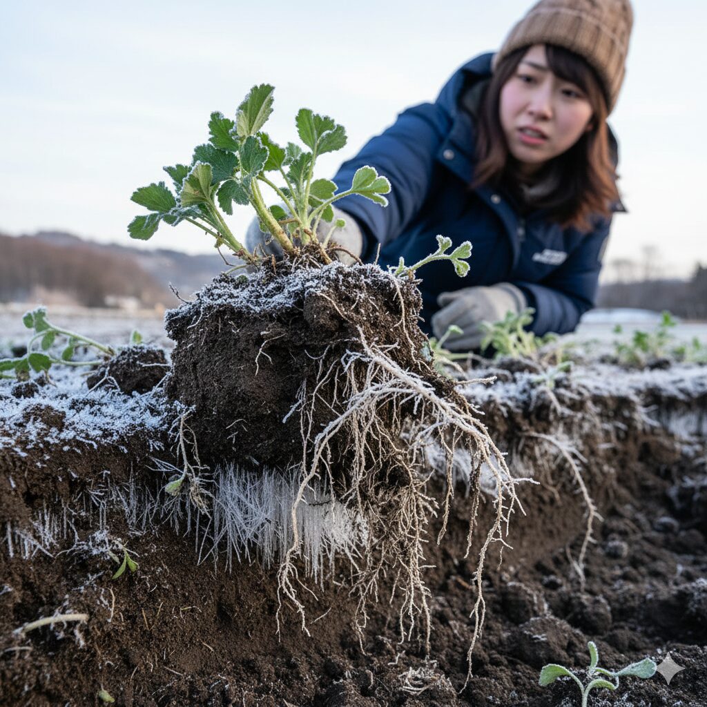 セネッティ 地植え霜柱によって根が持ち上げられ切断される「凍上」現象のメカニズム図解
