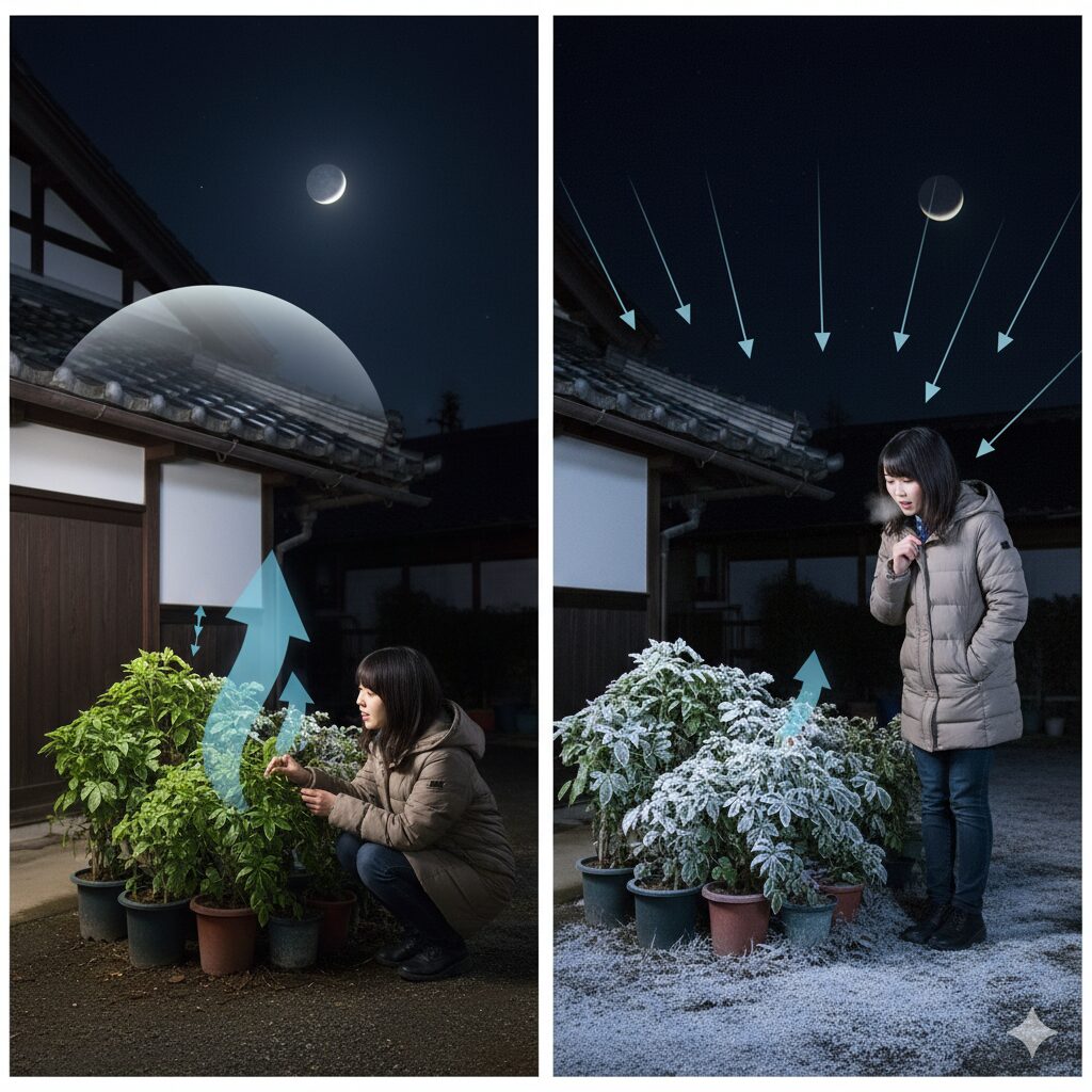 軒下が放射冷却を遮断しセネッティを霜から守る仕組みの解説図