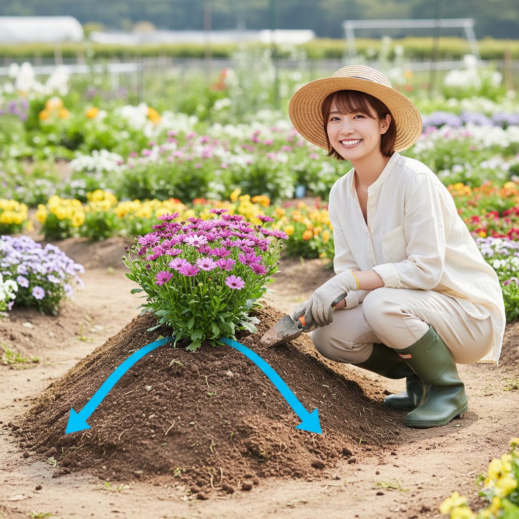 セネッティ 地植え排水性を高め根腐れと凍結を防ぐ「高畝（レイズドベッド）」の構造図