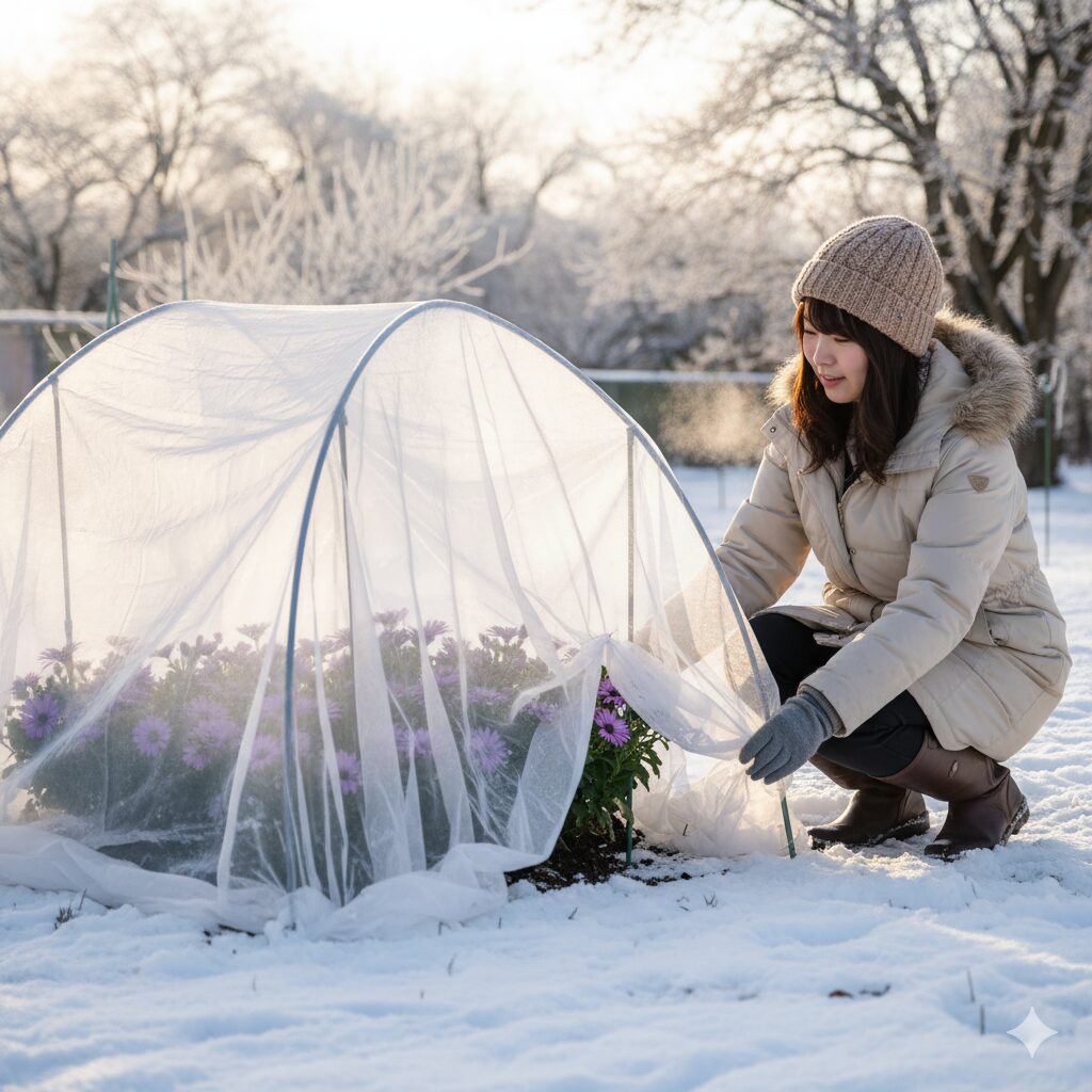 冬の寒さと霜からセネッティを守る不織布のトンネル掛けの設置例