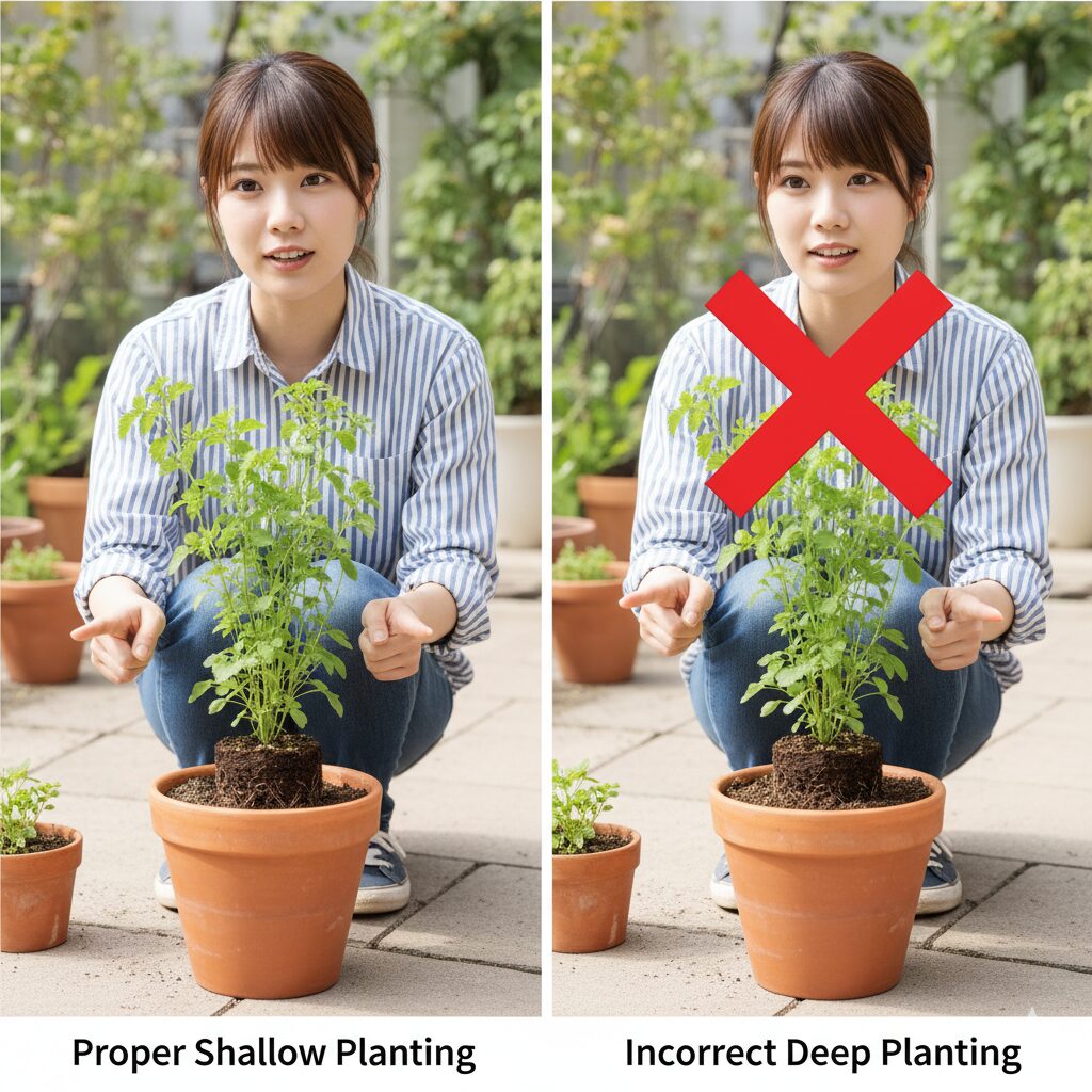 セネッティ 地植え茎腐れを防ぐための正しい浅植えと避けるべき深植えの比較イラスト