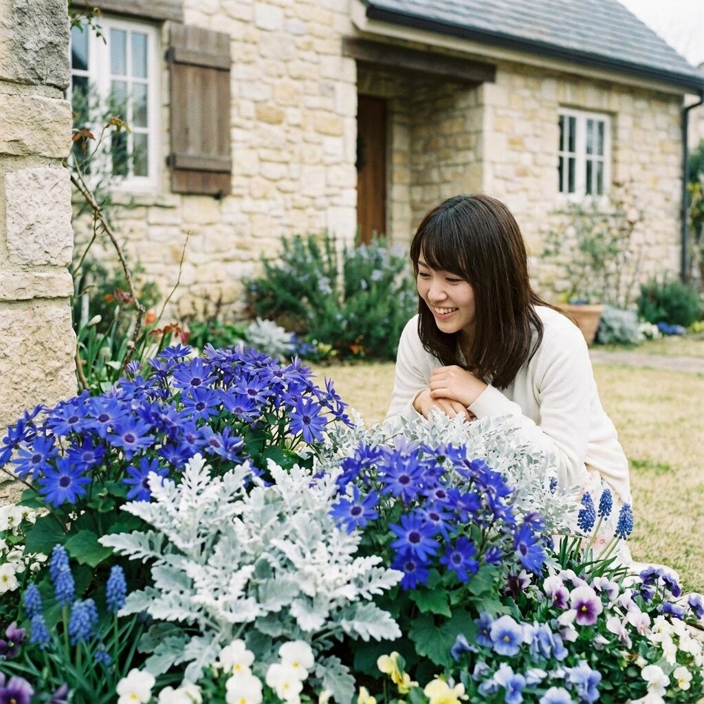 ブルーのセネッティとシルバーリーフを組み合わせたおしゃれな花壇デザイン