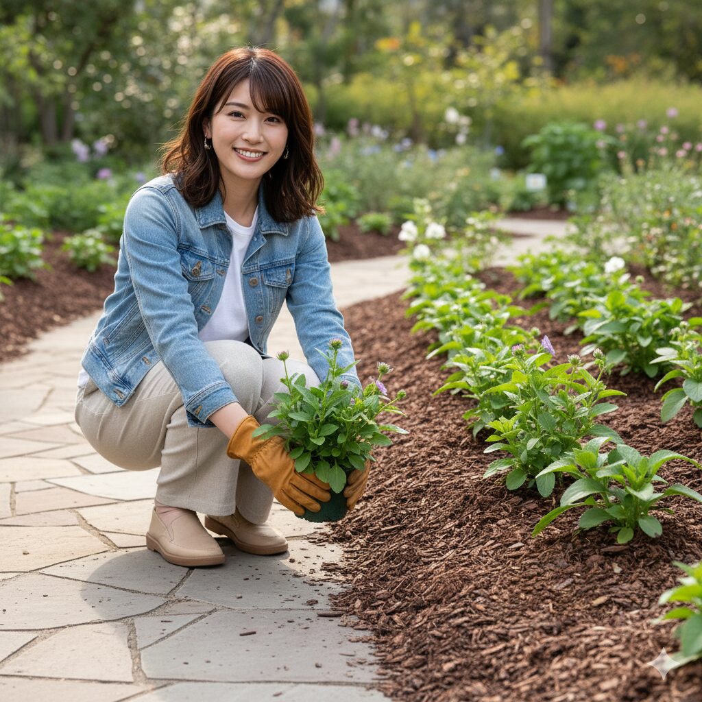 セネッティ 花壇 地温確保と泥はね防止のためのバークチップによる厚めのマルチング