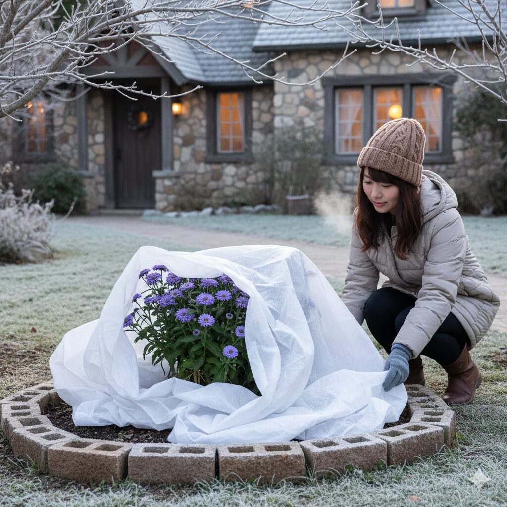 セネッティ 花壇 厳寒期の霜や寒風からセネッティを守る不織布のベタ掛け