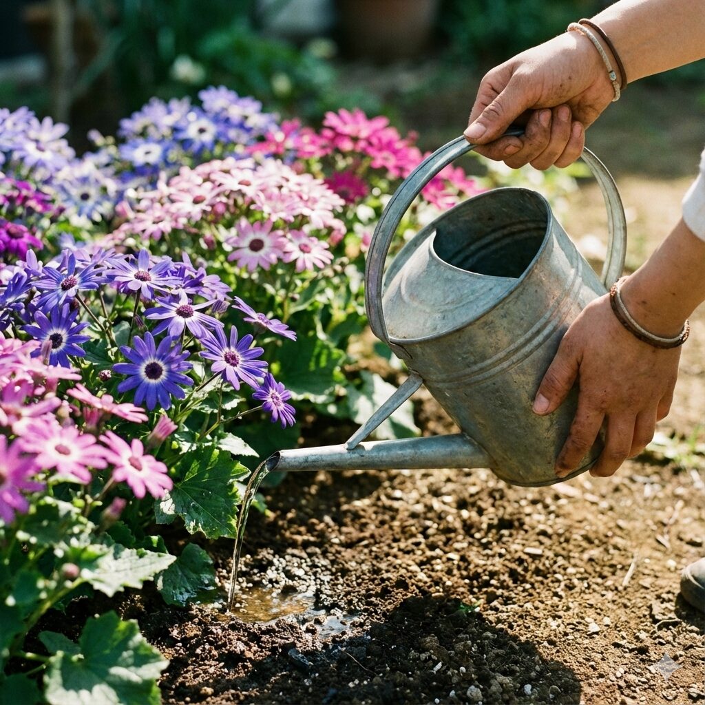 じょうろを使ってセネッティに水やりをしている手元のアップ。葉や花には水をかけず、注ぎ口を株元の土に近づけて、静かに水を与えている正しい水やりの方法。晴れた午前の光。