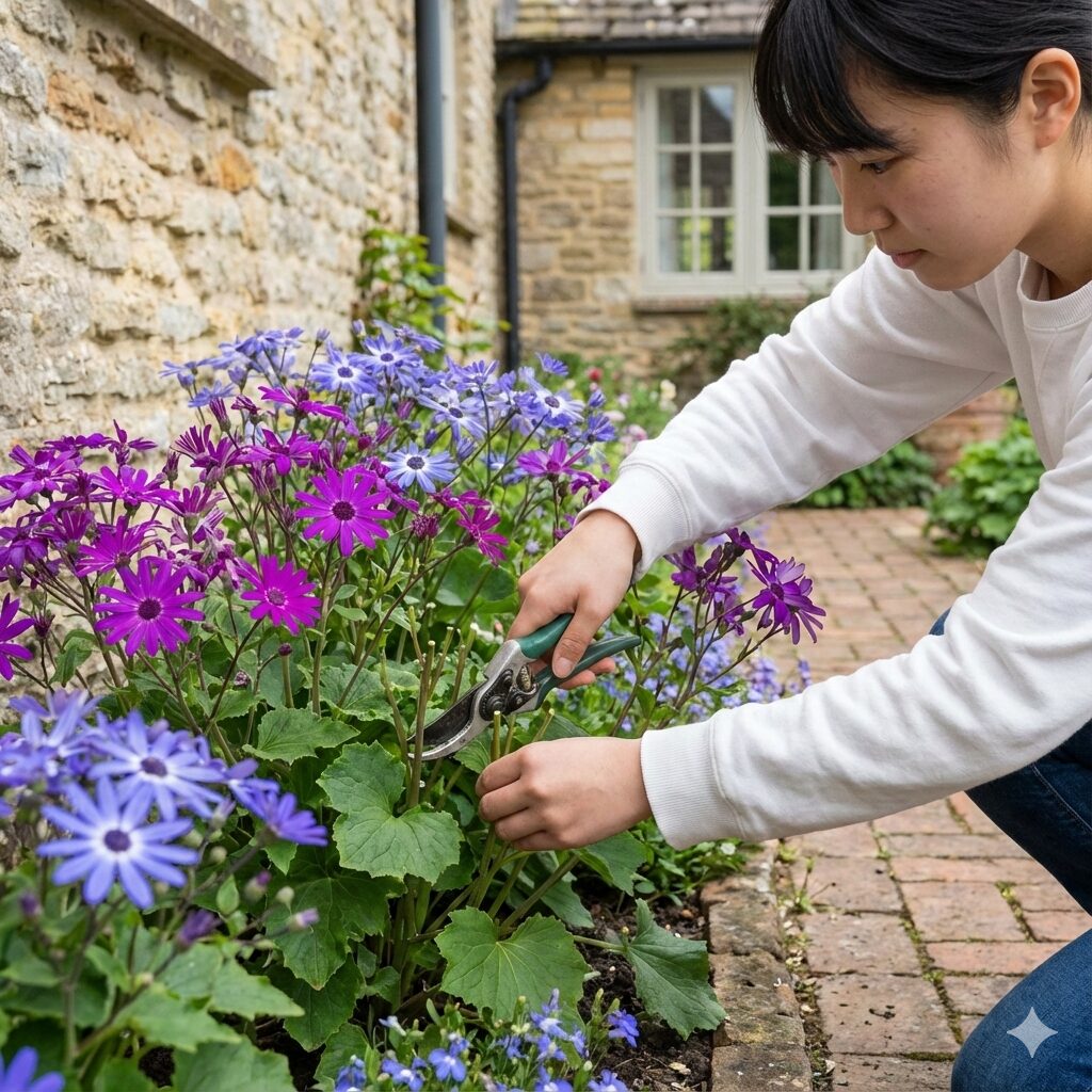 二番花を満開にするために3月上旬までに行うセネッティの切り戻し作業