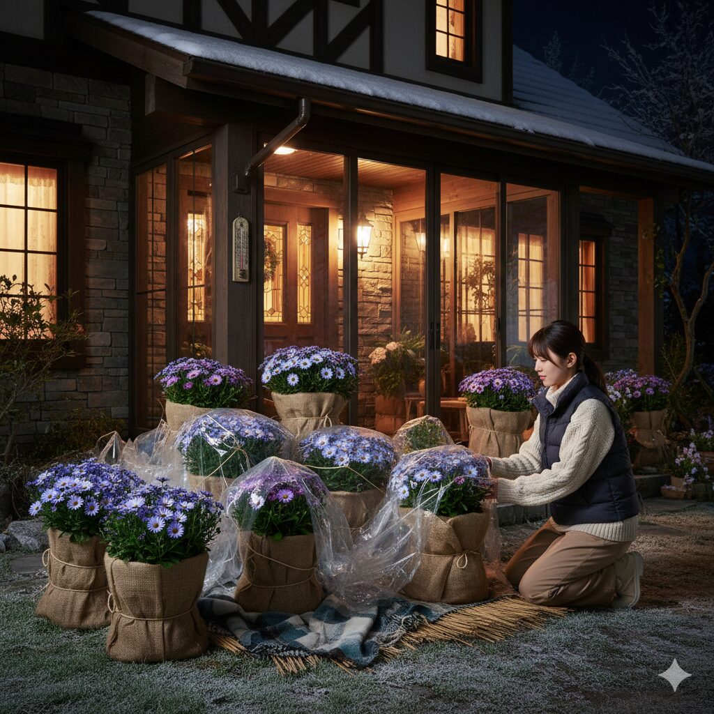 セネッティを枯らさないための霜対策として軒下で管理する様子