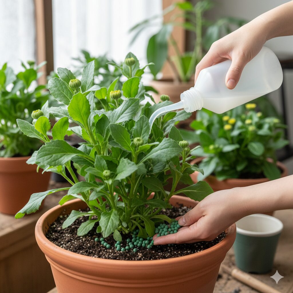 花数を増やすためにセネッティに追肥を与えている栽培風景