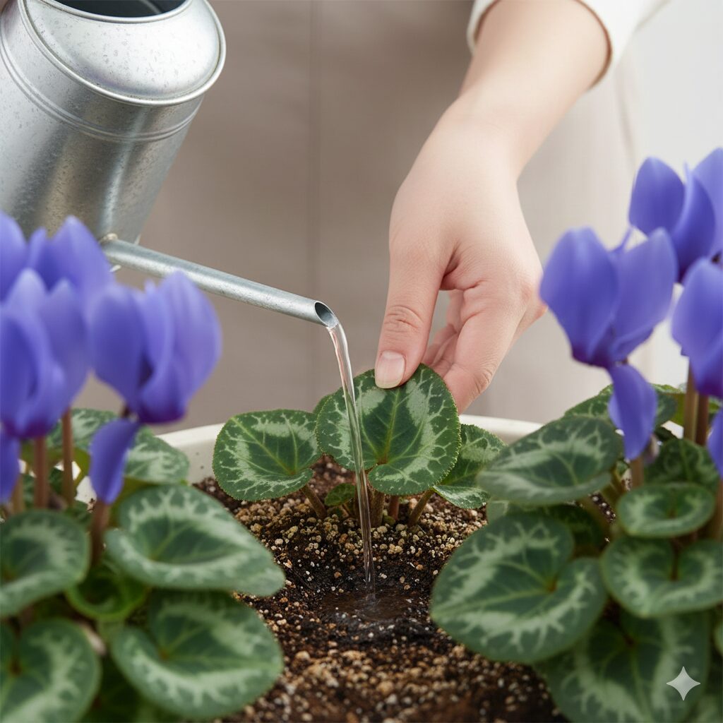 セレナーディア アロマブルー シクラメンの正しい水やり方法。葉を持ち上げて球根を避けて土に水を注ぐ様子