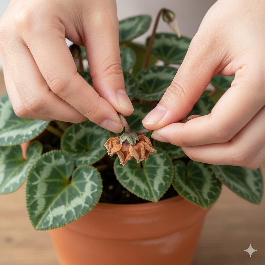 セレナーディア アロマブルー 灰色かび病を防ぐシクラメンの花がら摘みの方法。根元からねじり取る手元