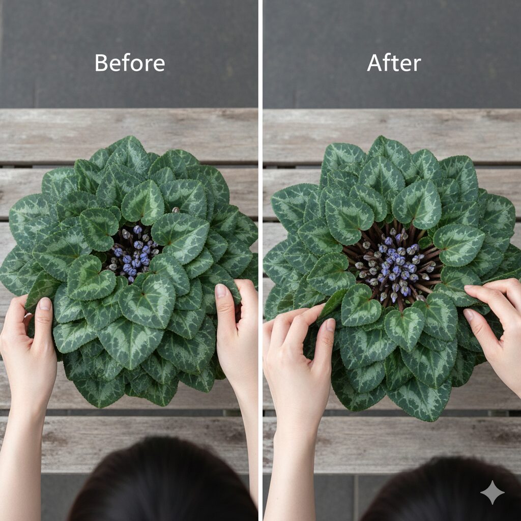 セレナーディア アロマブルー シクラメンの花数を増やす葉組みの方法。株の中心に日光を当てるテクニック