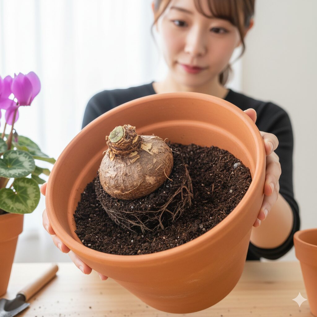 セレナーディア 育て方 シクラメンの植え替え 球根の頂部を土から半分ほど出して植え付ける浅植えの正しい深さ