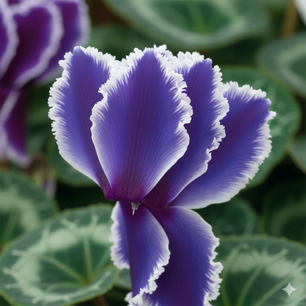 セレナーディア 育て方 青紫色の花弁の縁に白いラインが入る覆輪咲きのシクラメン セレナーディア ビクトリアブルー