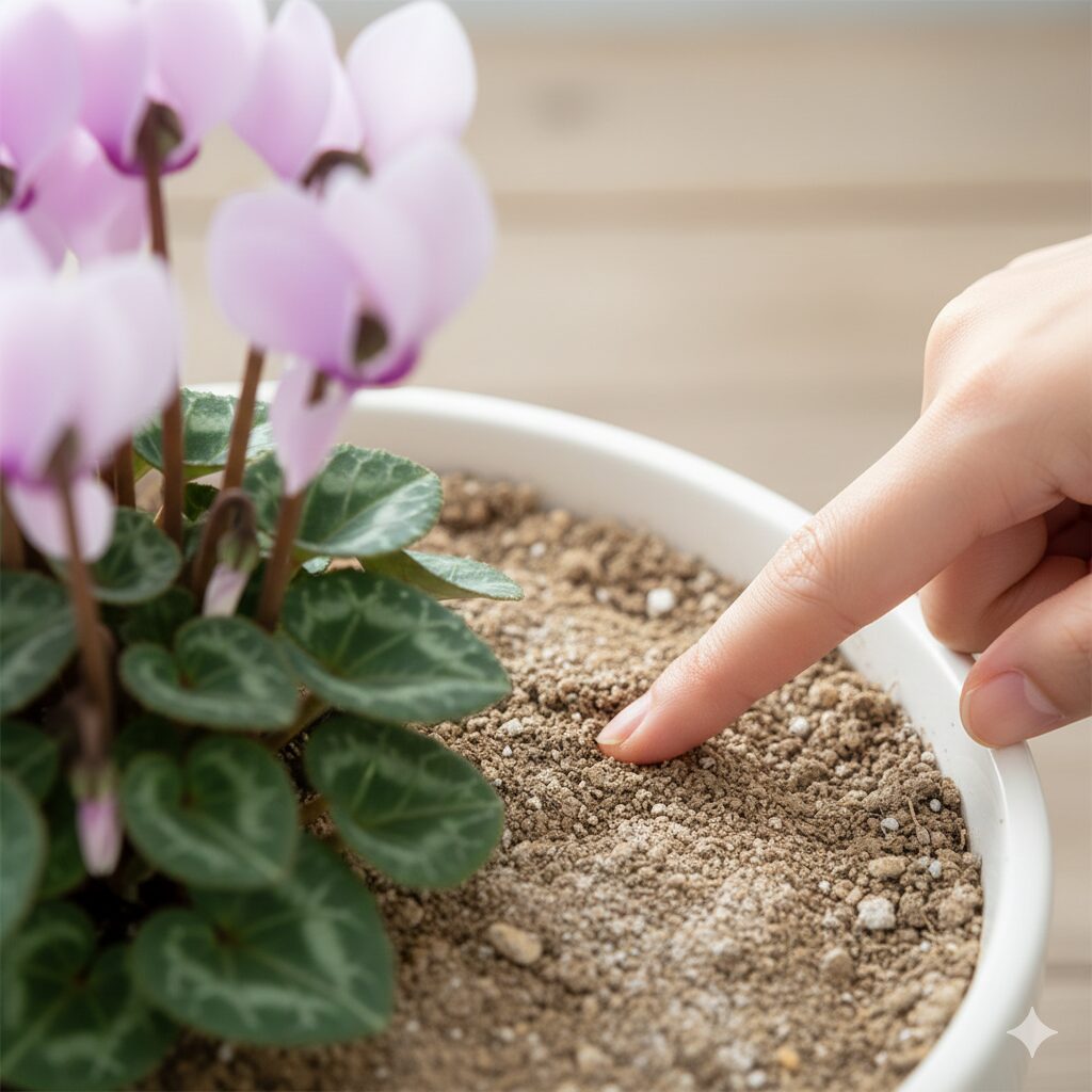 セレナーディア 育て方 シクラメンの水やりタイミングを見極めるため指で土の乾き具合を確認している様子