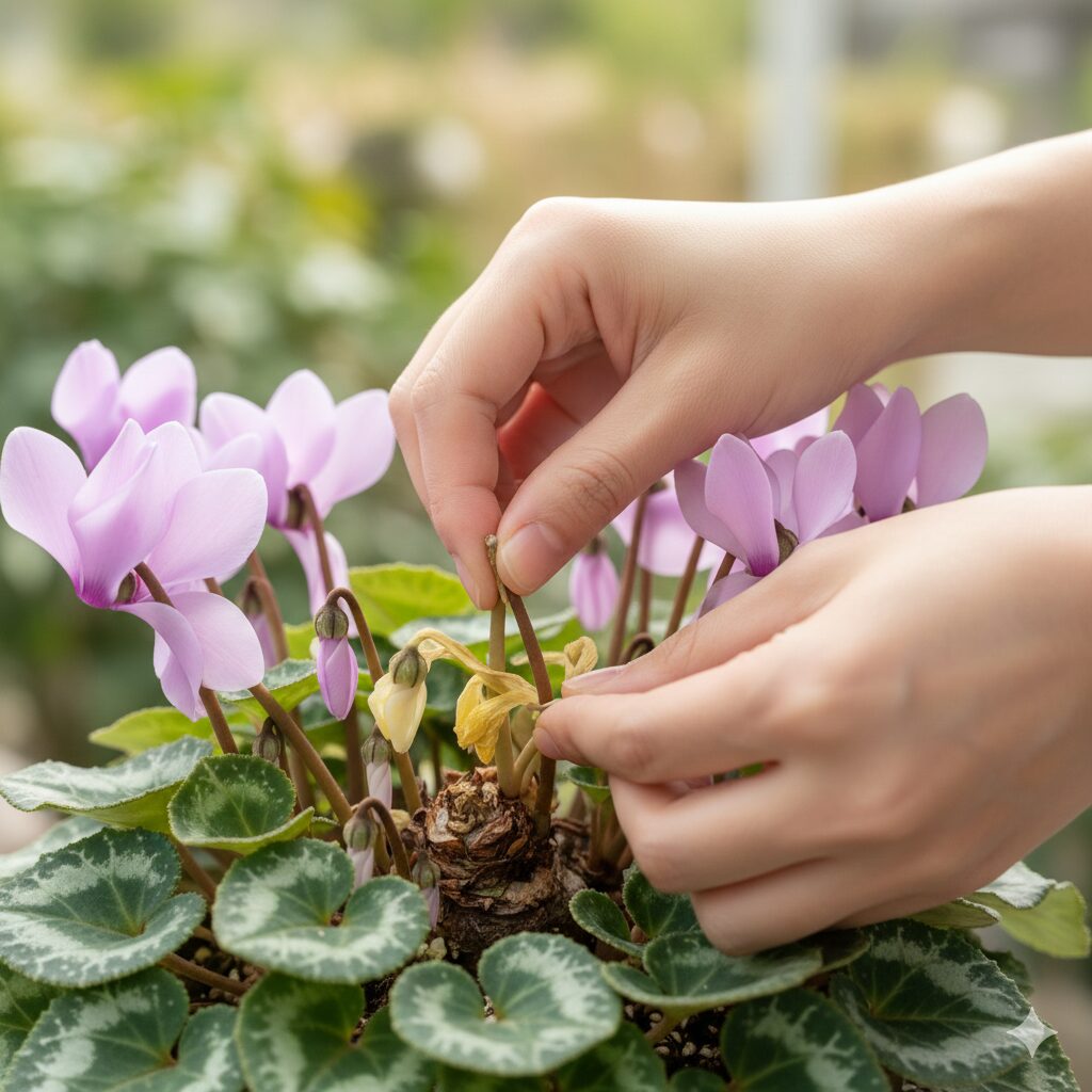 セレナーディア 育て方 シクラメンの枯れた花茎をハサミを使わず指で根元からねじり取る正しい花がら摘みの方法
