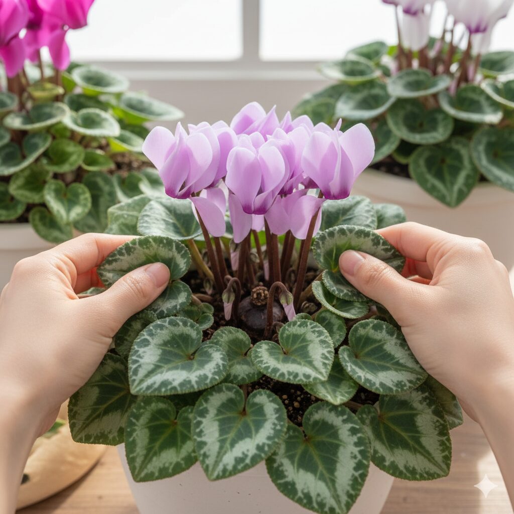 セレナーディア 育て方 葉を広げて株の中心に日光を当てるシクラメンの葉組み作業の手順