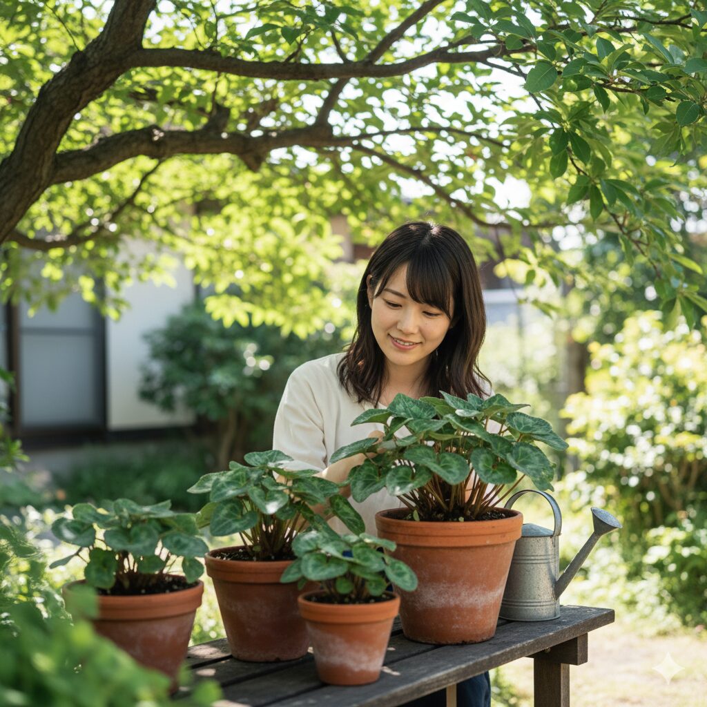 セレナーディア 育て方 夏越し中のシクラメン 涼しい日陰で水を切らさず葉を維持する非休眠法の管理
