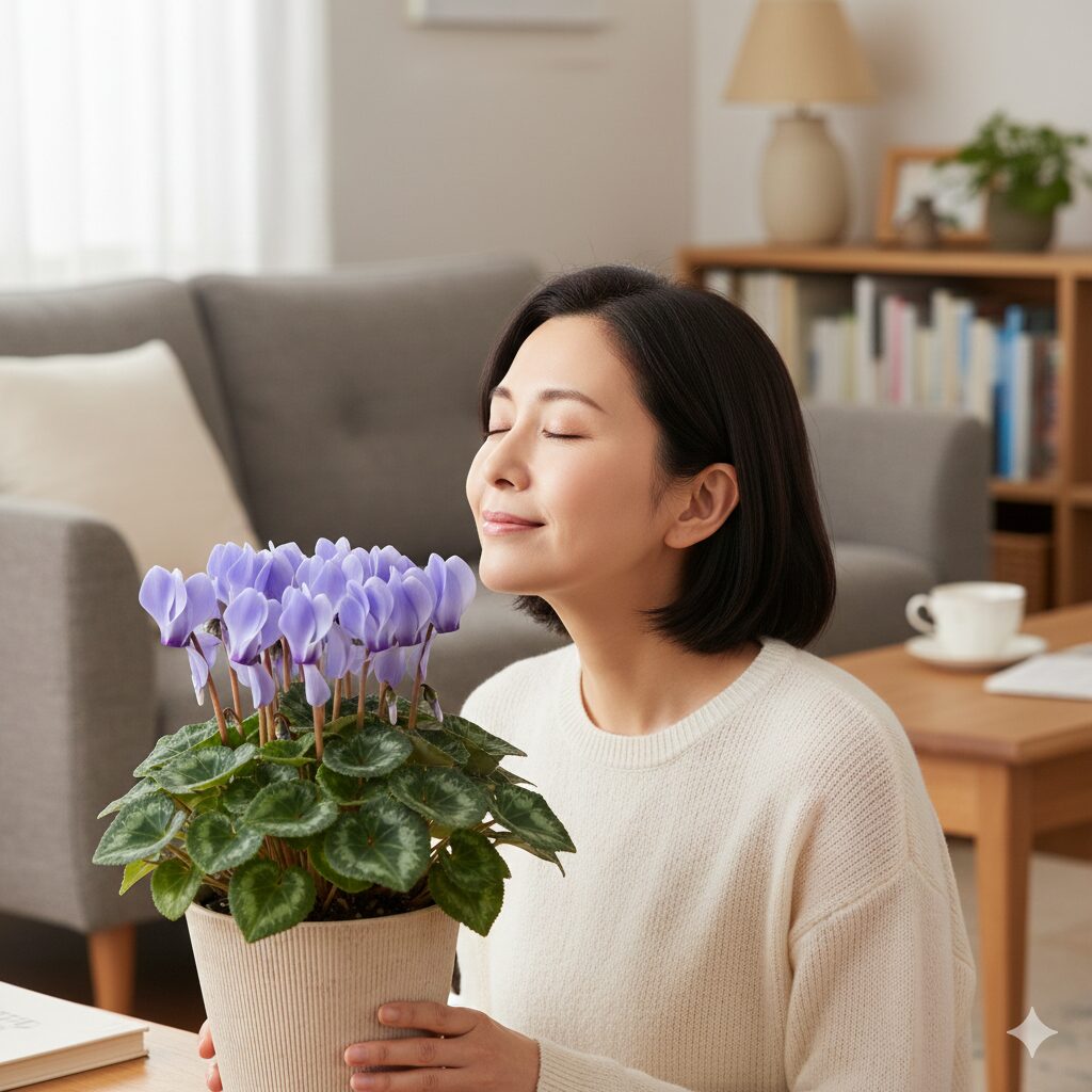 セレナーディア 花言葉　青いシクラメン「アロマブルー」の爽やかな香りに癒されている女性