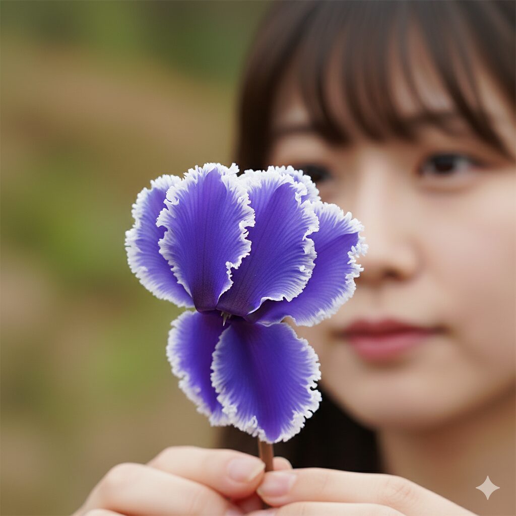 セレナーディア 花言葉　白い覆輪とフリル咲きが特徴的な「セレナーディア ビクトリアブルー」の花