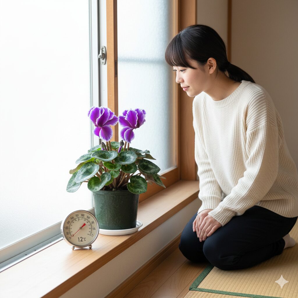 セレナーディア 花言葉　シクラメンの栽培に適した涼しい玄関の置き場所と12℃を指す温度計