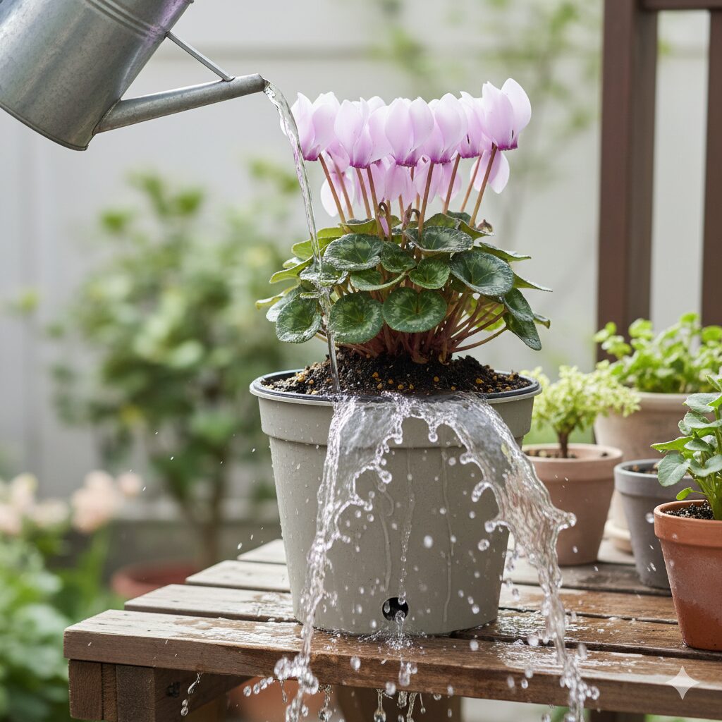 セレナーディア 花言葉　底面給水鉢の上から水をたっぷりと与え、鉢底から流すリーチングの様子