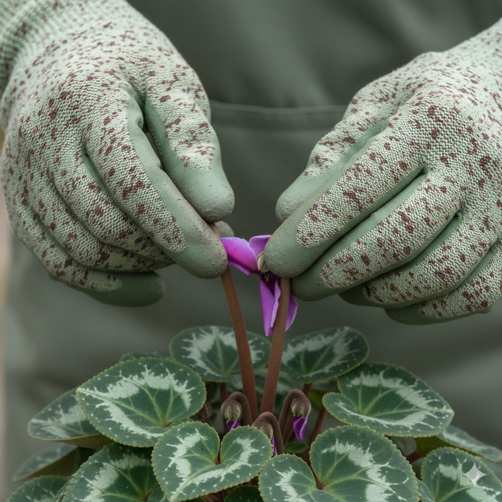 セレナーディア 花言葉　シクラメンの花茎を根元からねじり取っている花がら摘みの実演