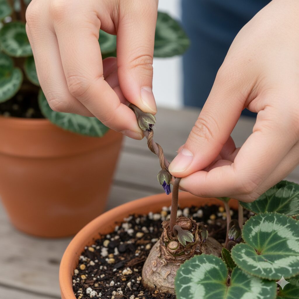 セレナーディア　灰色かび病を防ぐためにシクラメンの枯れた花がらを根元からねじり取る正しい手入れ方法