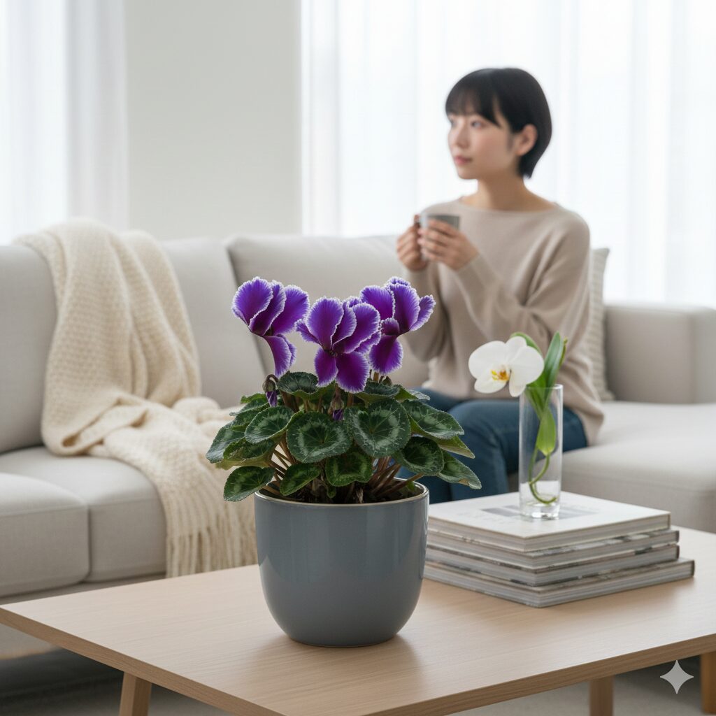 青いシクラメン「セレナーディア」が置かれたおしゃれで落ち着いたリビングのインテリア実例
