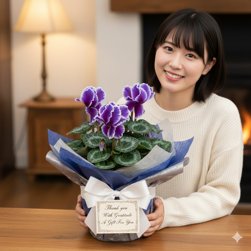 「大切な人への想い」という花言葉を持つ青いシクラメンのギフトラッピングとメッセージカード
