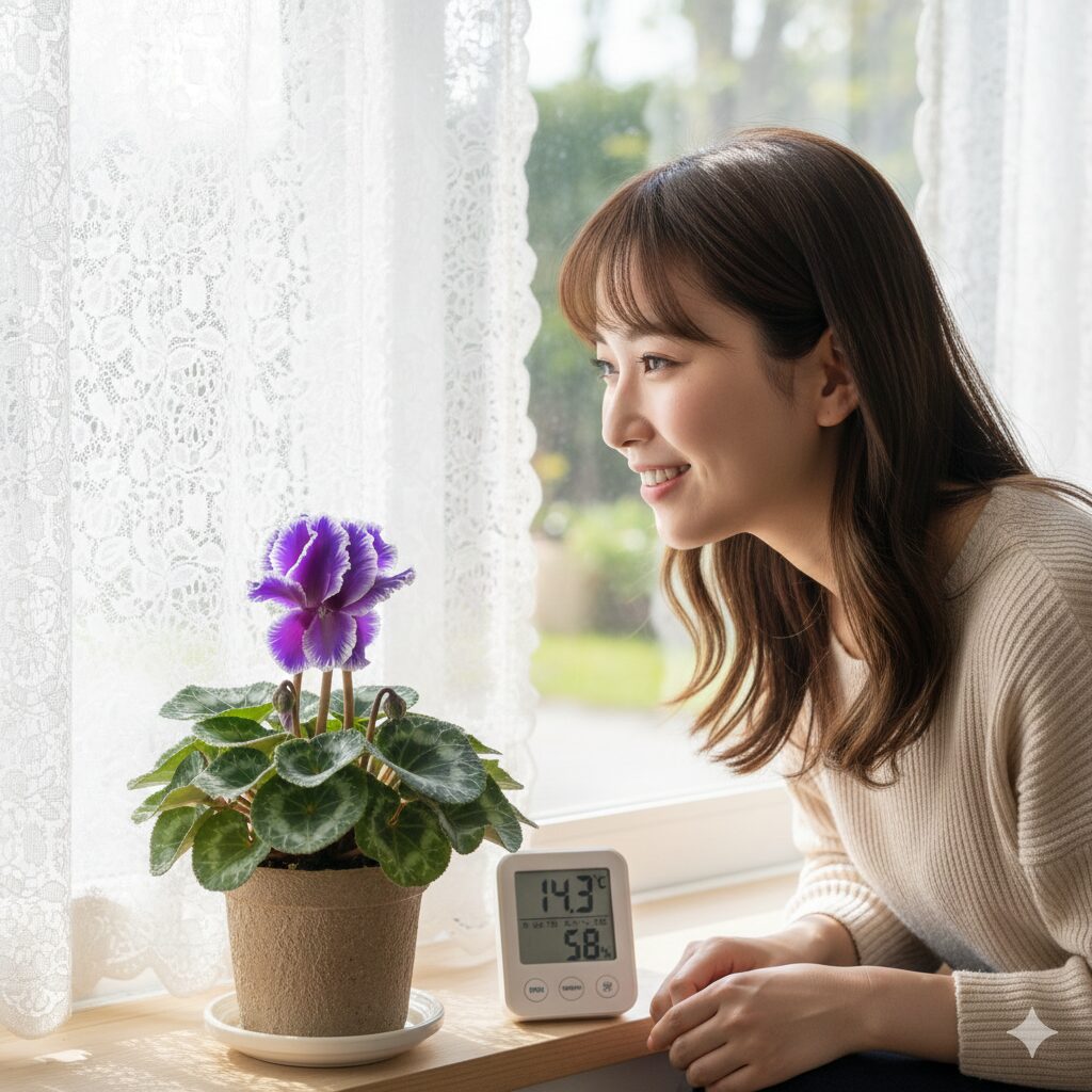 セレナーディア・シクラメン栽培に最適なレースカーテン越しの日光と10℃から15℃の温度管理環境