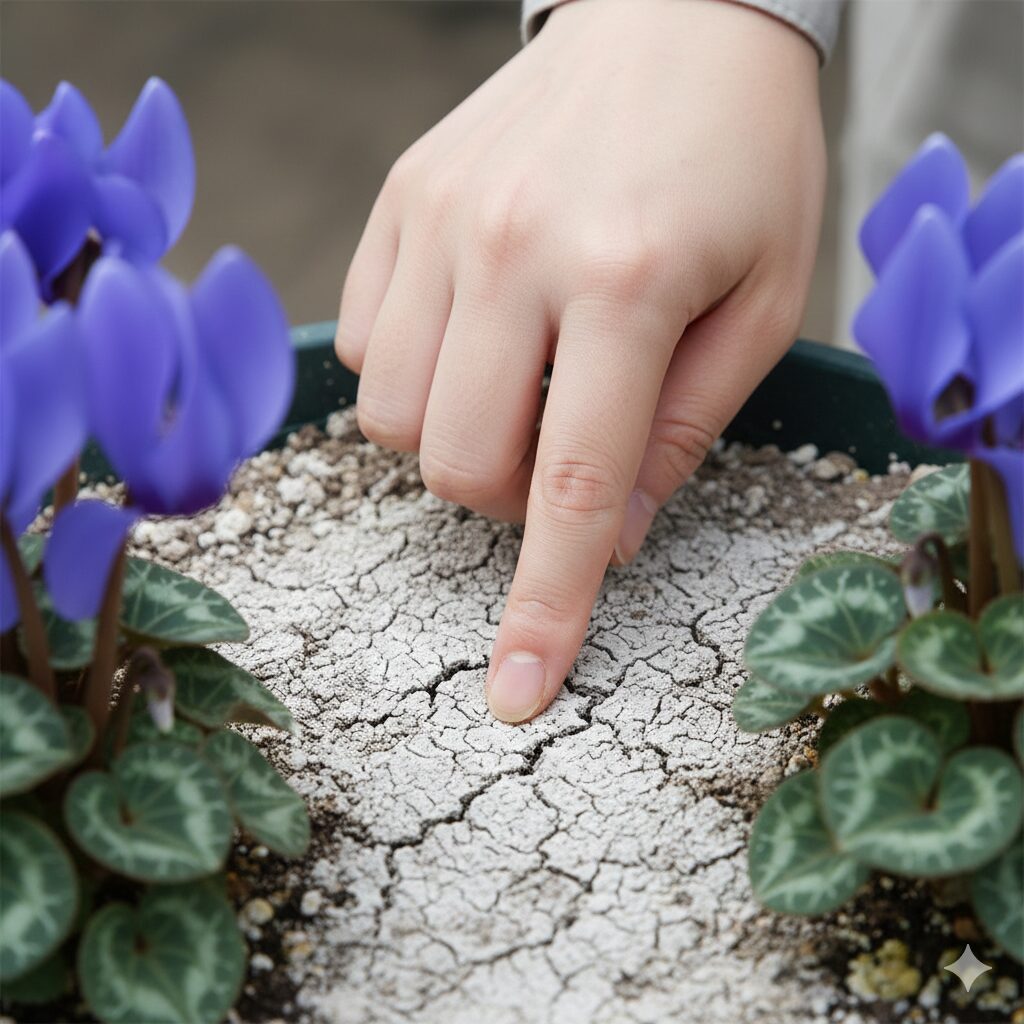 セレナーディア・シクラメンの水やりタイミングを見極めるために土の表面の乾きを指で確認している様子