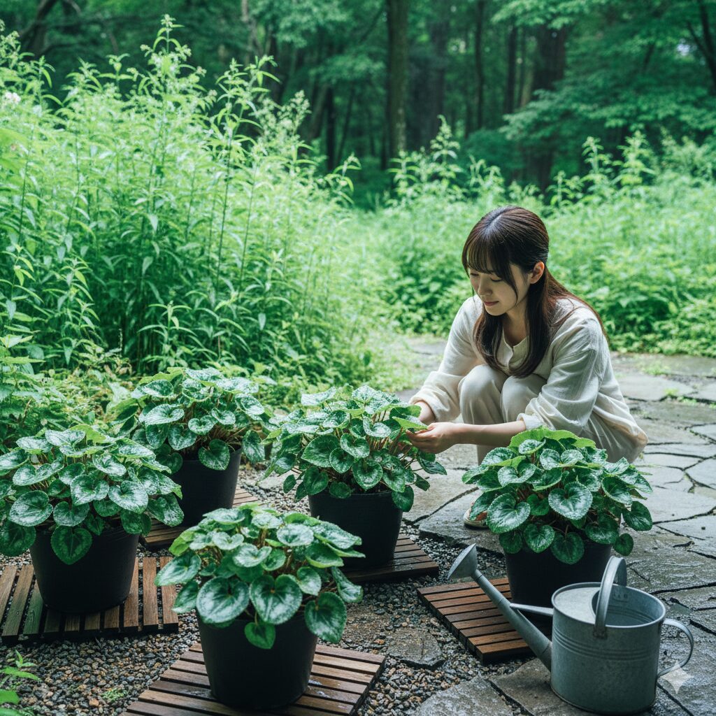 セレナーディア　非休眠法（ウェット法）で風通しの良い日陰に置いて夏越しさせている葉だけのシクラメン