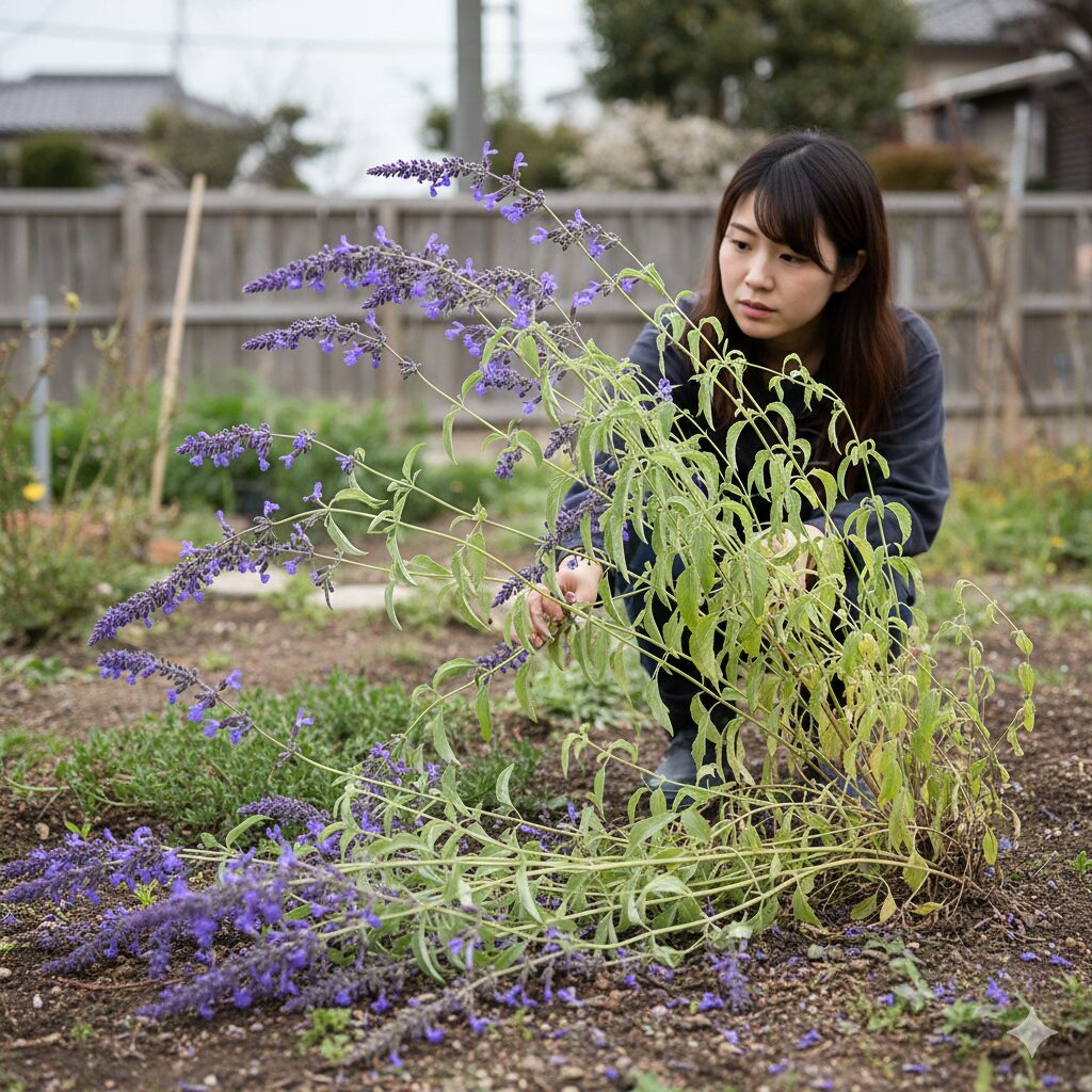 チェリーセージ ひょろひょろ　ひょろひょろに徒長して横倒れになったチェリーセージの株姿
