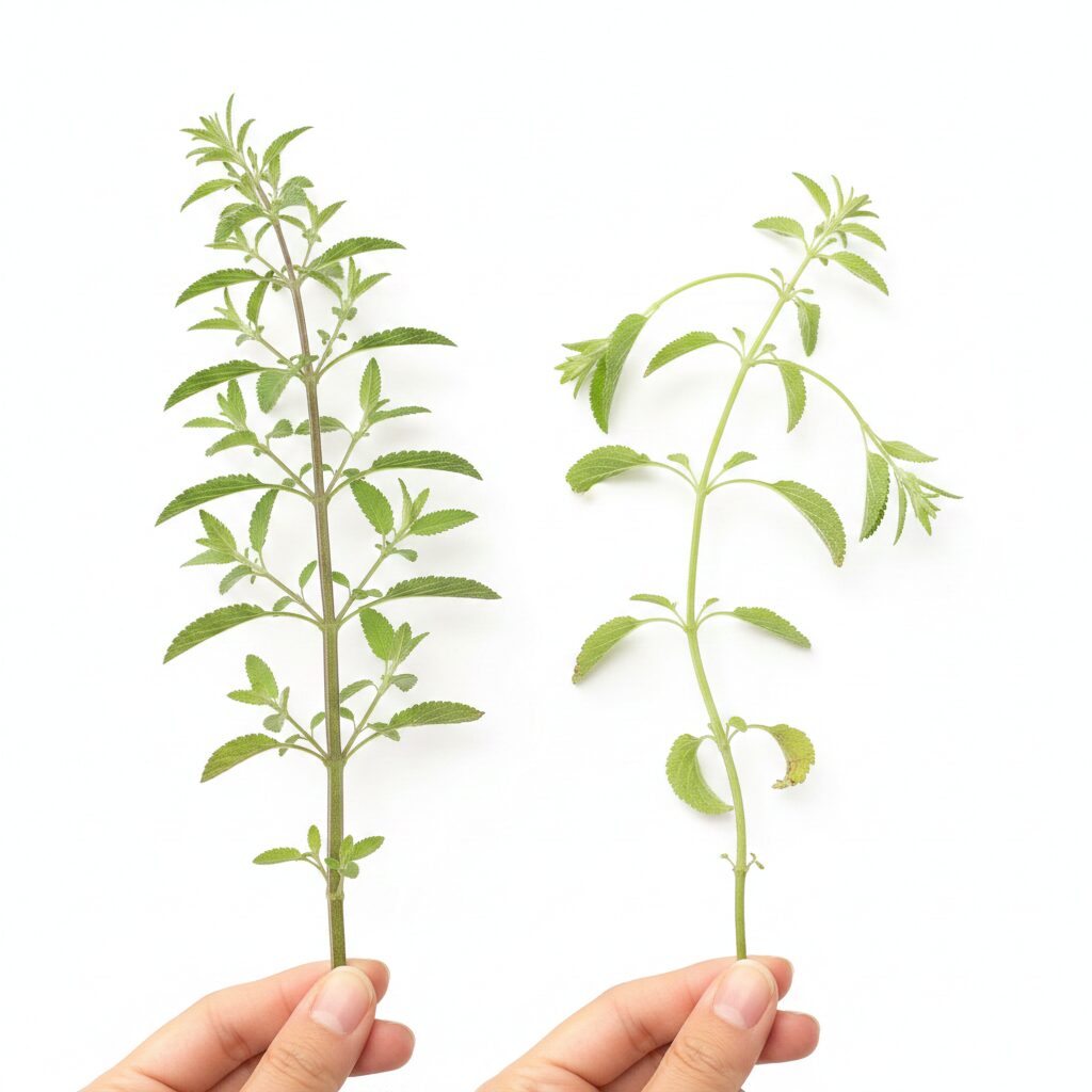 チェリーセージ ひょろひょろ　チェリーセージの日照不足による徒長した茎と健康な茎の節間の比較