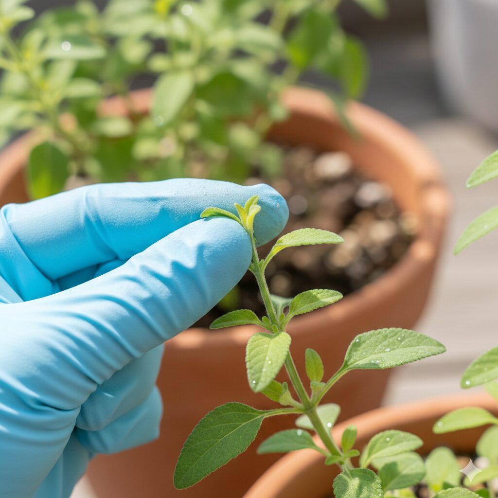 チェリーセージ ひょろひょろ　チェリーセージの枝数を増やすための摘心（ピンチ）の作業手順