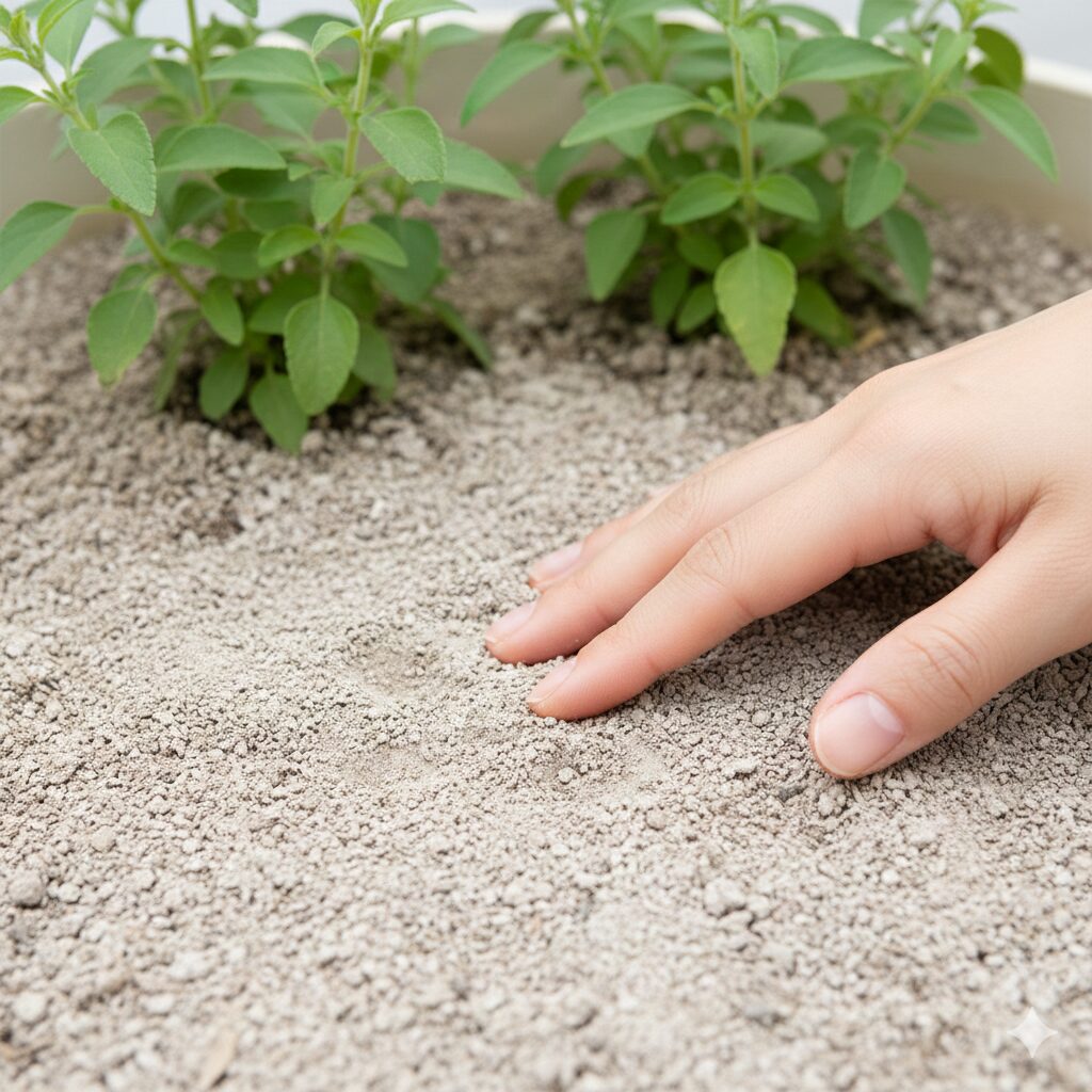 チェリーセージ ひょろひょろ　チェリーセージの水やりに適した土の乾燥具合の確認