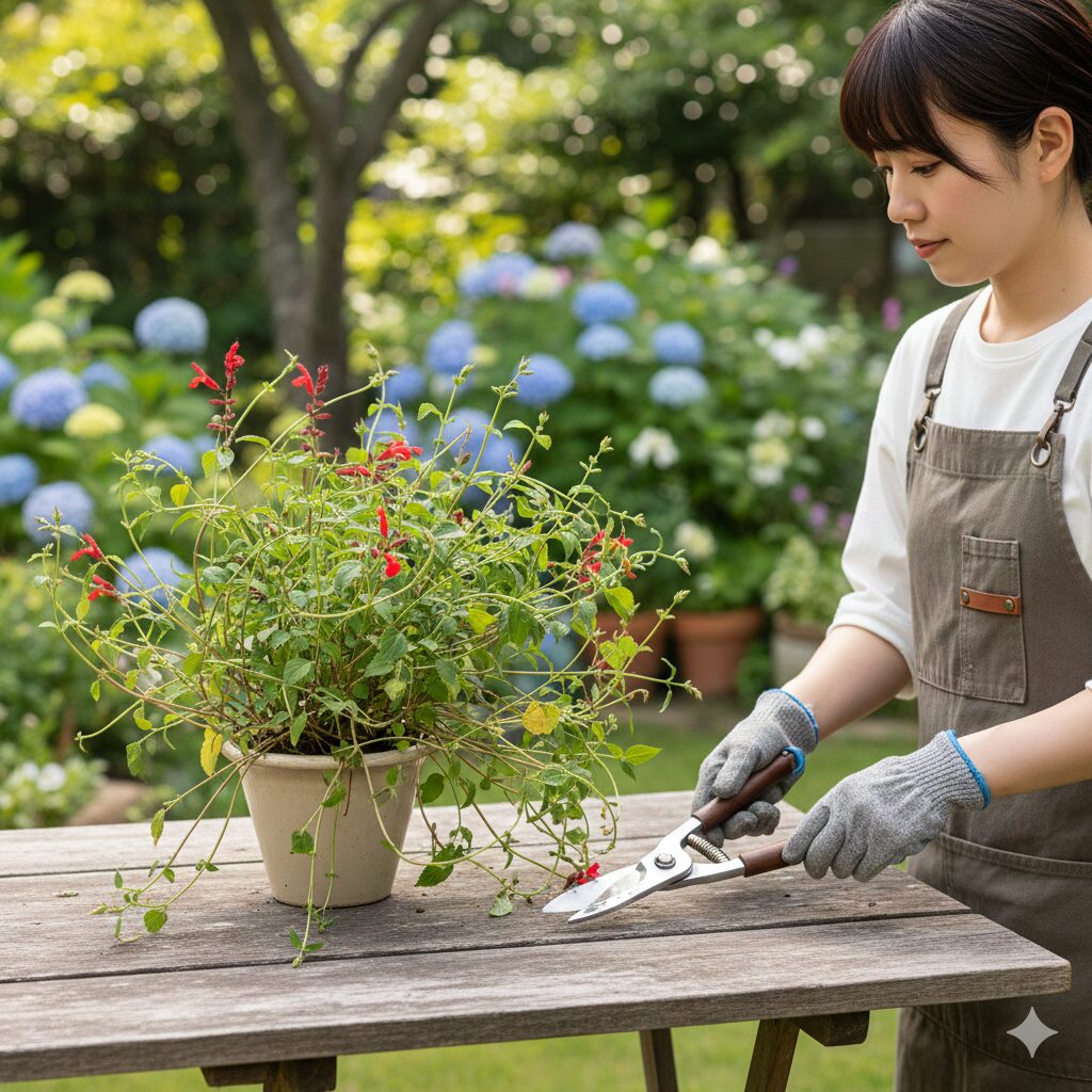 チェリーセージ ひょろひょろ　チェリーセージの徒長を解消する剪定作業の準備と剪定バサミ