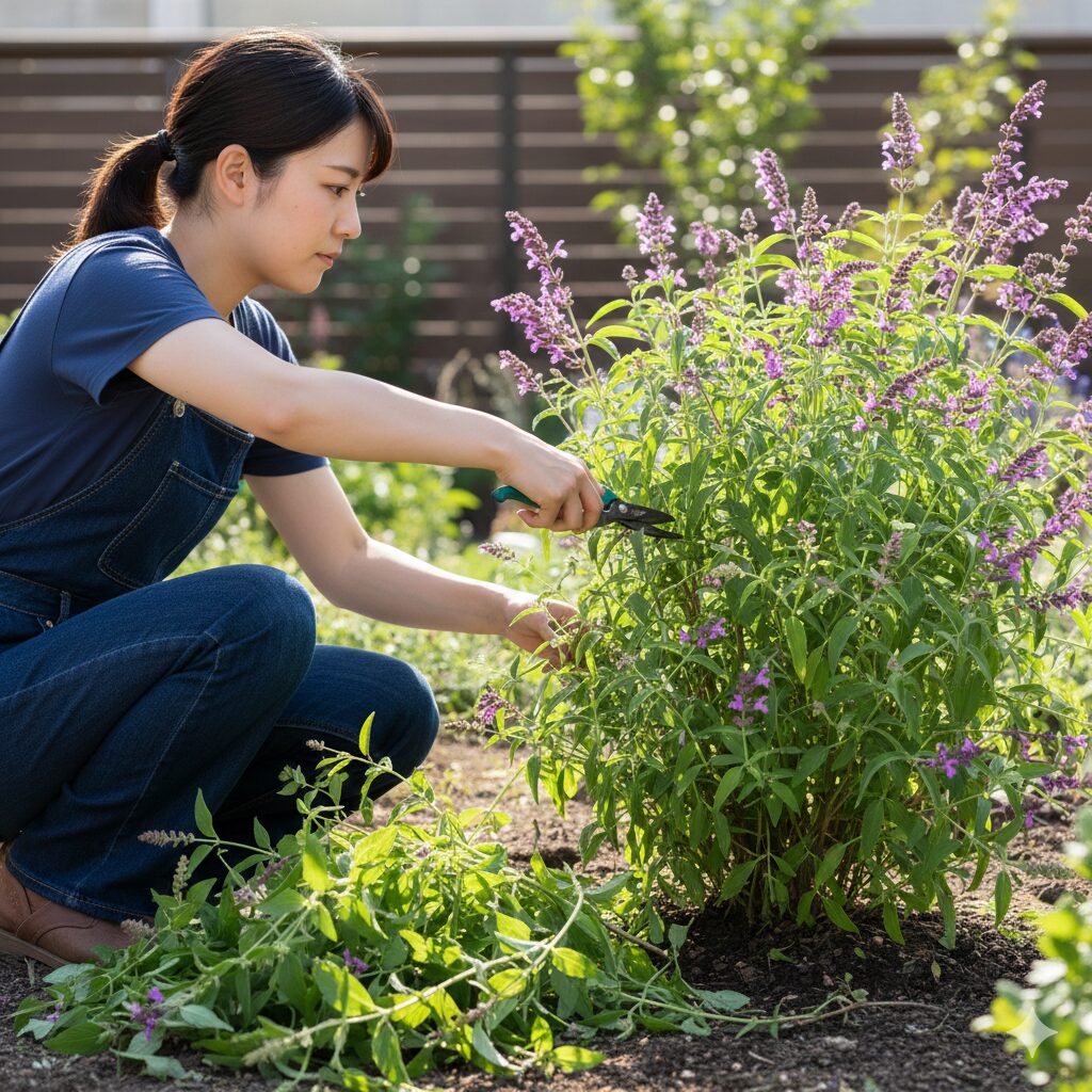チェリーセージ ひょろひょろ　梅雨前や秋に行うチェリーセージの切り戻し剪定の高さの目安