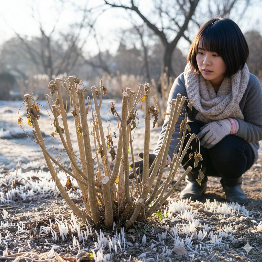 チェリーセージ ひょろひょろ　冬に行うチェリーセージの強剪定後の短く切り詰められた株姿