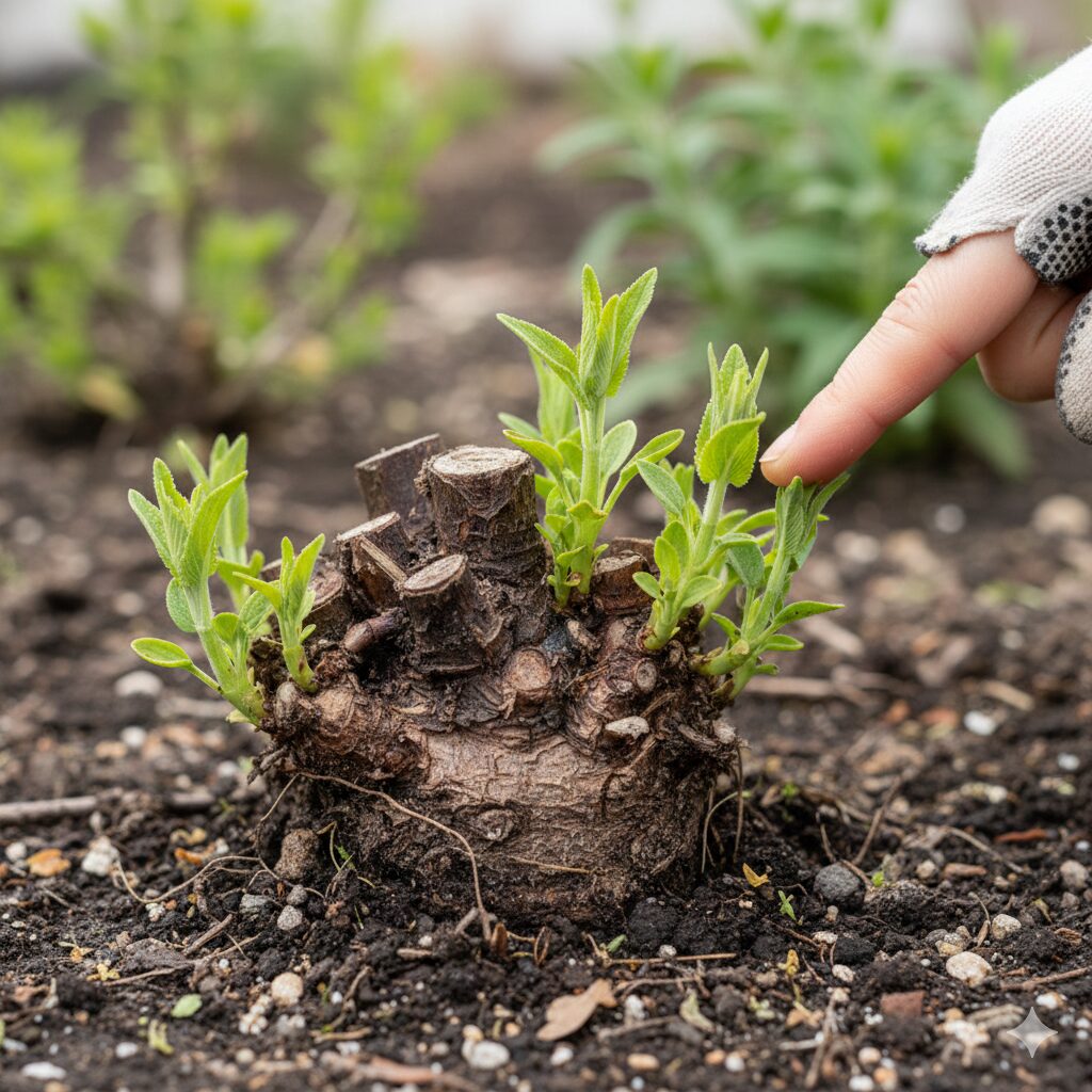チェリーセージ 切り戻し 位置 春の強剪定のサイン:木質化した株元から出てきた新しい芽(ベーサルシュート)